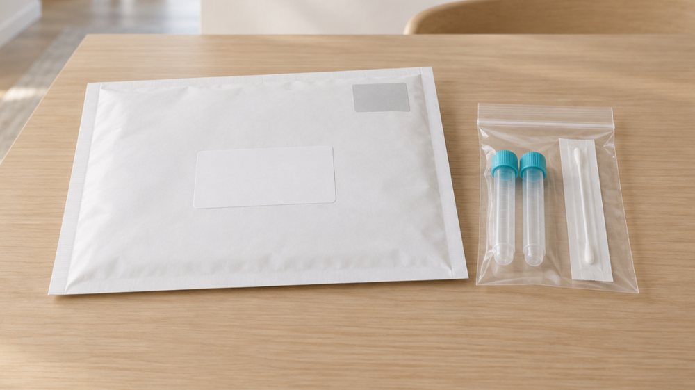 Rücksendeumschlag neben dem Probenbeutel mit zwei Röhrchen und Tupfer